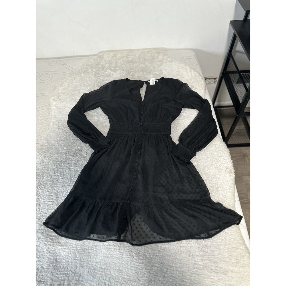Hollister Black Swiss Dot Mini Dress Chiffon Long Sleeve Smocked Small NWT New